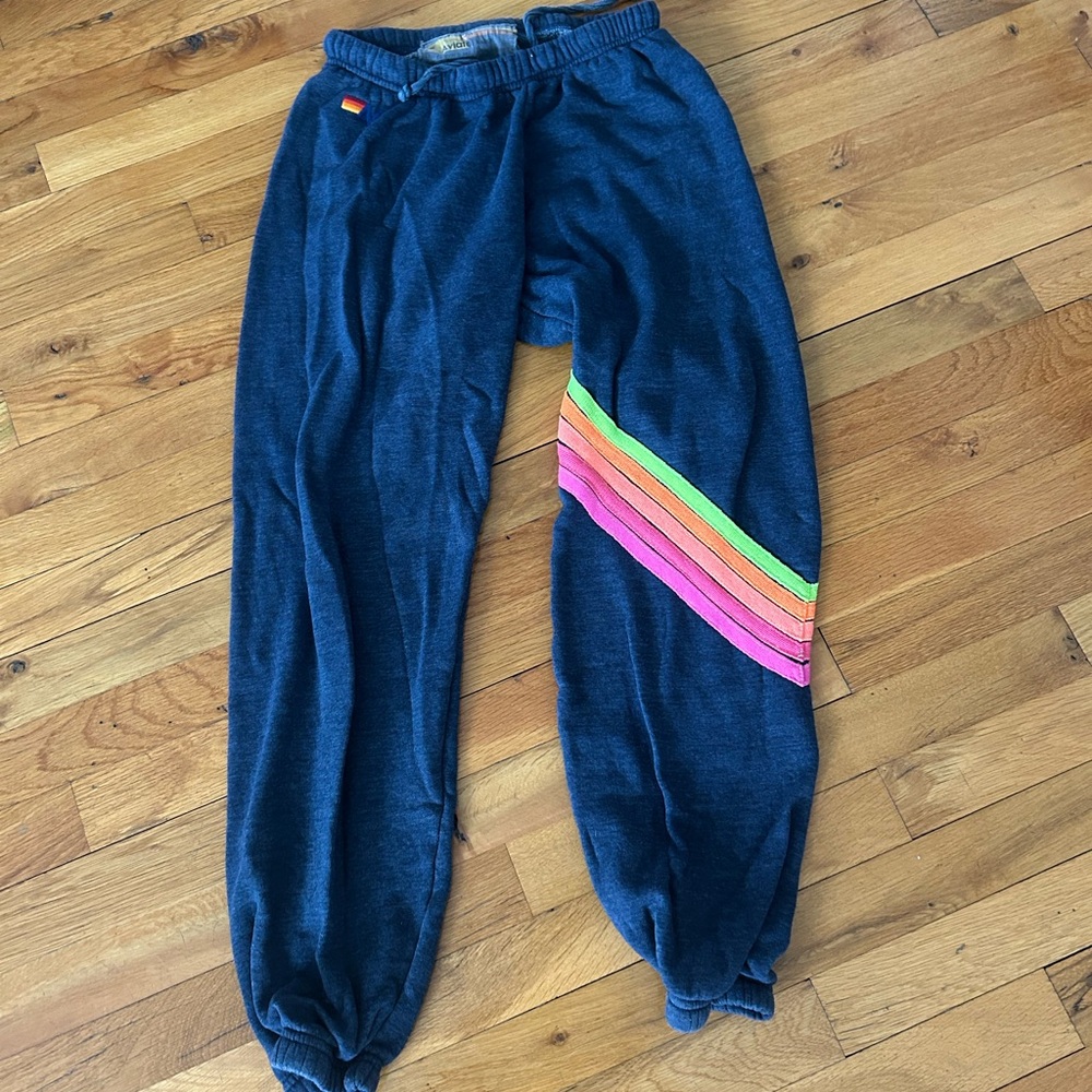 Aviator nation, sweatpants, and navy blue with side stripes